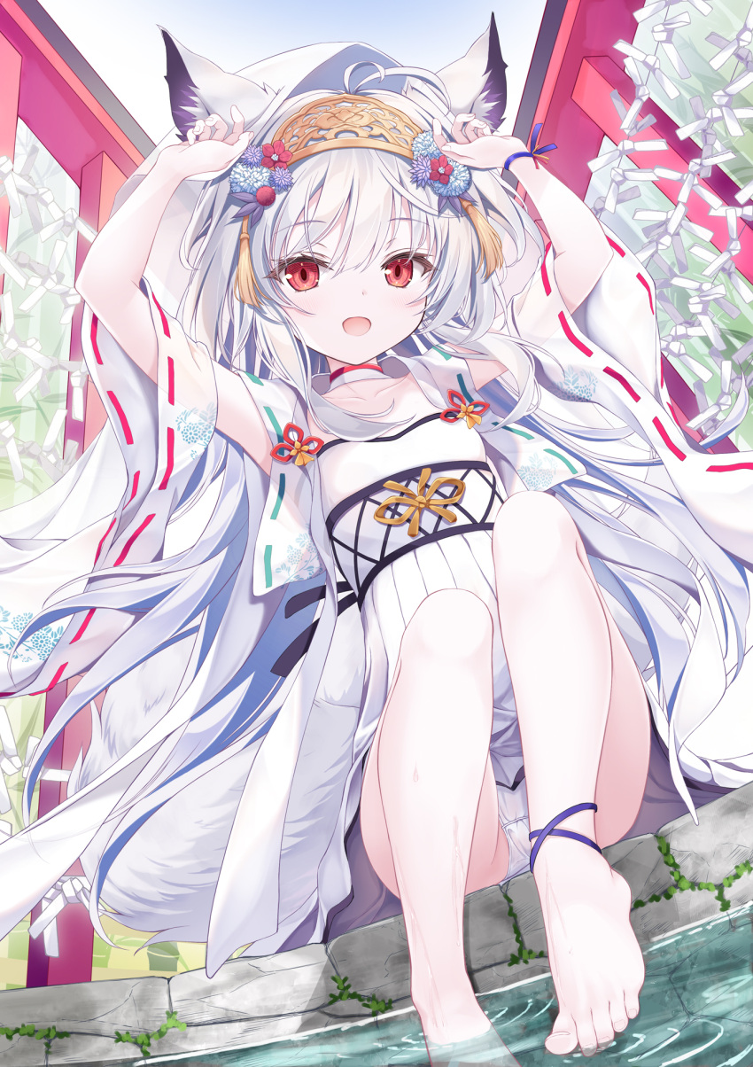 :d animal_ear_fluff animal_ears arms_up barefoot blue_sky breasts collarbone commentary_request day dress female fox_ears fox_girl fox_tail grey_hair hair_between_eyes highres looking_at_viewer original outdoors panties red_eyes ribbon_trim ripples sky small_breasts smile solo tail tenmu_shinryuusai underwear water white_dress white_panties