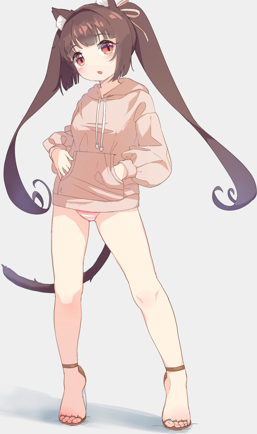 absurdres alternate_costume animal_ear_fluff animal_ears barefoot bi_neko706 blunt_bangs blush brown_eyes brown_footwear brown_hair cat_ears cat_girl cat_tail chestnut_mouth chocola_(nekopara) commentary_request female full_body grey_background hair_ribbon hand_in_pocket highres hood hood_down hoodie long_hair looking_at_viewer nekopara no_pants open_mouth panties pink_hoodie pink_panties pink_ribbon ribbon sandals simple_background sleeves_past_wrists slit_pupils solo standing striped_clothes striped_panties tail tareme tiptoes toenails toes twintails underwear very_long_hair