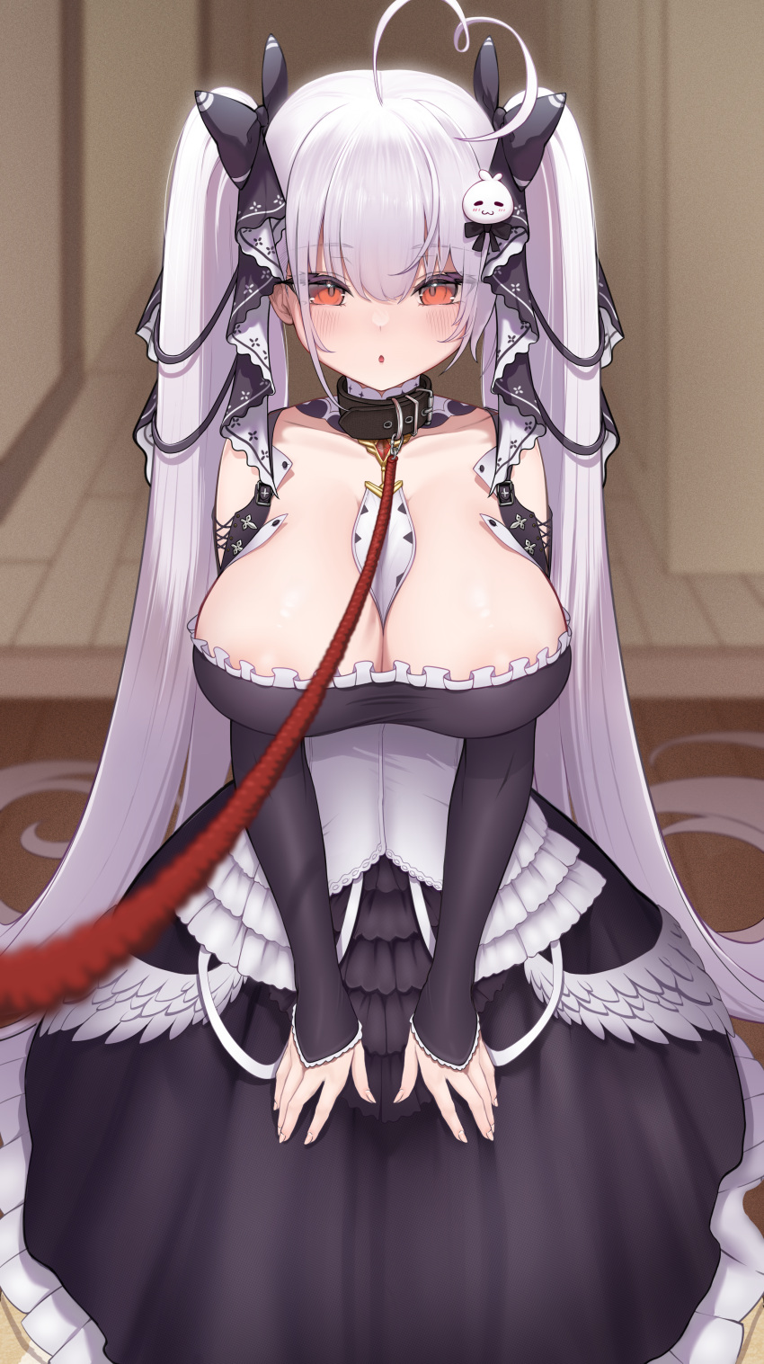 absurdres ahoge azur_lane between_breasts black_dress blush bow breasts cleavage collar cosplay detached_sleeves dress female film_grain formidable_(azur_lane) formidable_(azur_lane)_(cosplay) frilled_dress frills hair_ornament hairbow heart heart_ahoge highres indoors large_breasts leash long_hair long_sleeves looking_at_viewer niliu_chahui original red_eyes red_leash solo tokisaki_mio_(niliu_chahui) twintails very_long_hair viewer_holding_leash white_hair wooden_floor