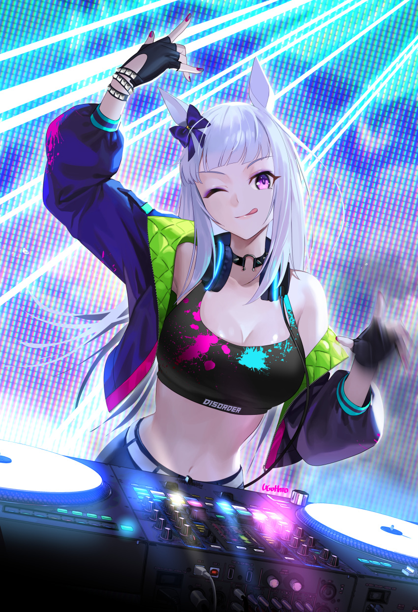 :p absurdres alternate_costume animal_ears arm_up artist_name black_gloves black_sports_bra bow bracelet breasts cleavage closed_mouth commentary dj ear_bow female fingerless_gloves gloves gold_ship_(umamusume) grey_hair headphones headphones_around_neck highres horse_ears horse_girl jacket jewelry long_hair long_sleeves medium_breasts midriff_peek mixing_console motion_blur multicolored_clothes multicolored_jacket multicolored_sports_bra nail_polish navel one_eye_closed pendant_choker purple_bow purple_eyes red_nails smile solo sports_bra stage symbol-only_commentary tongue tongue_out turntable ugohato umamusume very_long_hair