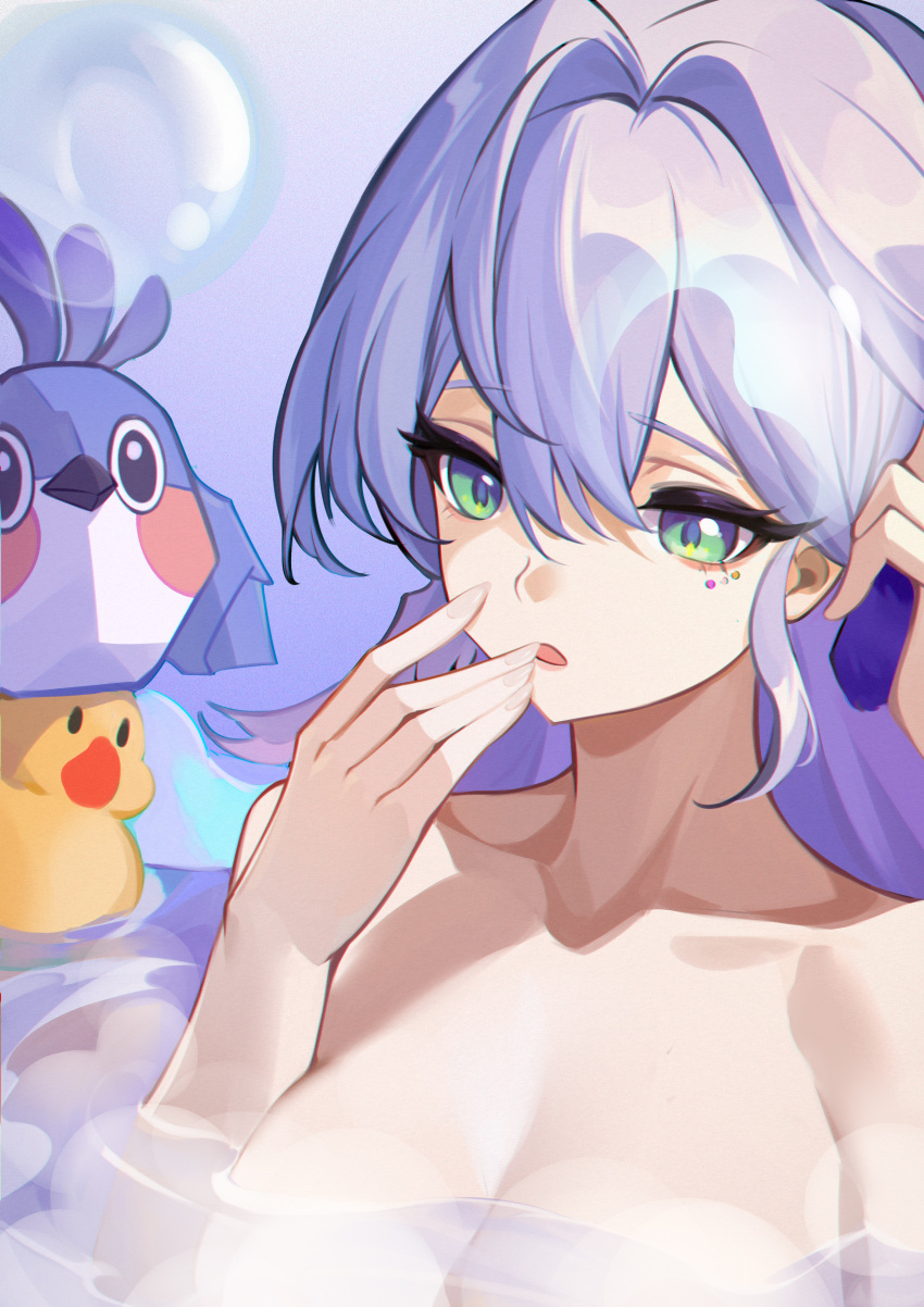 absurdres collarbone facial_mark female green_eyes hands_up highres honkai:_star_rail honkai_(series) long_hair nude open_mouth origami_bird_(honkai:_star_rail) partially_submerged pmzt7335 purple_hair robin_(honkai:_star_rail) rubber_duck solo upper_body water