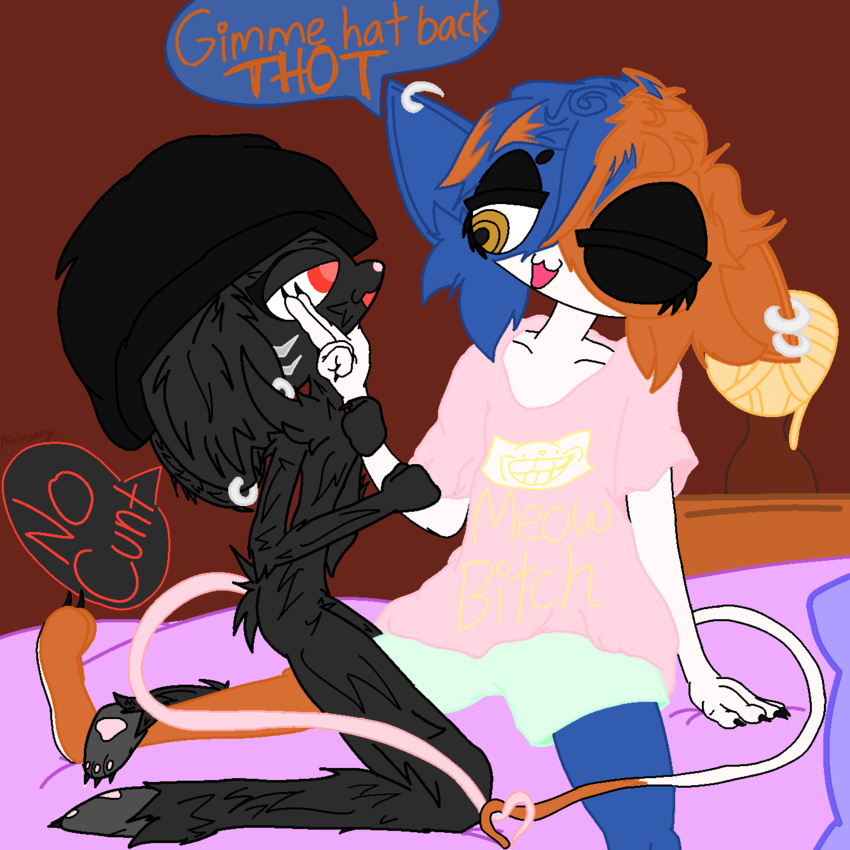 1:1 5_fingers anthro babiduh beanie bed black_beanie black_body black_clothing black_ears black_eyebrows black_eyelids black_fur black_hat black_headwear blue_body blue_ears blue_fur bottomwear camille_(fortnite) circle_eyebrows claws clothed clothed_anthro clothed_female clothing dialogue digital_drawing_(artwork) digital_media_(artwork) dipstick_tail domestic_cat ear_piercing ear_ring english_text epic_games eye_contact eyebrows felid feline felis female female/female finger_claws fingers fortnite fur furniture gesture hat headgear headwear heart_tail hi_res long_tail looking_at_another loose_shirt mammal markings meow_skulls_(fortnite) multicolored_body multicolored_face multicolored_fur murid murine nude_anthro nude_female one_eye_closed open_mouth orange_body orange_ears orange_fur orange_text pawpads piercing pink_clothing pink_shirt pink_tail pink_topwear profanity rat red_eyes red_text ring_piercing ringed_eyes rodent shirt shorts slur speech_bubble tail tail_gesture tail_heart tail_markings tails_touching text text_on_clothing text_on_shirt text_on_topwear toe_claws topwear