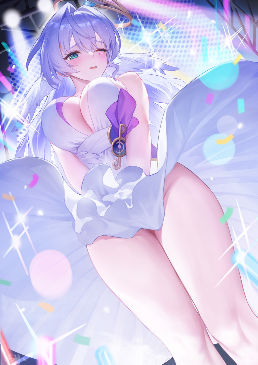 absurdres aqua_eyes bare_shoulders breasts detached_sleeves dress female gloves halo head_wings highres honkai:_star_rail honkai_(series) large_breasts long_hair looking_at_viewer one_eye_closed robin_(honkai:_star_rail) senba_(592683801) solo thighs white_dress white_gloves white_wings wings