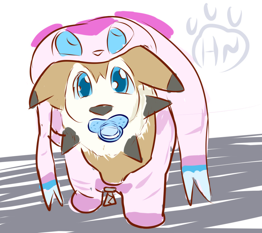 ageplay canid canine canis clothing domestic_dog eeveelution feral generation_6_pokemon generation_7_pokemon hangyakuneko hi_res infantilism lycanroc mammal midday_lycanroc nintendo onesie pacifier pajamas pokemon pokemon_(species) roleplay sylveon