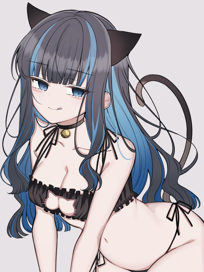 animal_ears black_hair blue_hair breasts cat_cutout cat_ears cat_lingerie cleavage clothing_cutout colored_inner_hair fate/grand_order fate_(series) female grey_eyes highres long_hair looking_at_viewer mati5572 meme_attire multicolored_hair navel smile solo tenochtitlan_(fate) tongue tongue_out two-tone_hair wavy_hair white_background