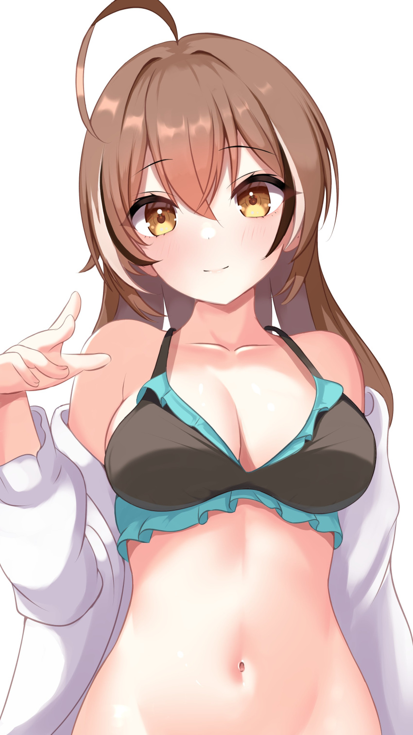 absurdres ahoge bikini black_bikini breasts brown_eyes brown_hair crossed_bangs female fingernails frilled_bikini frills hair_between_eyes hair_down highres hololive hololive_english jacket looking_at_viewer medium_breasts multicolored_hair nanashi_mumei navel off_shoulder official_alternate_costume panpanmc4 smile streaked_hair swimsuit virtual_youtuber white_jacket