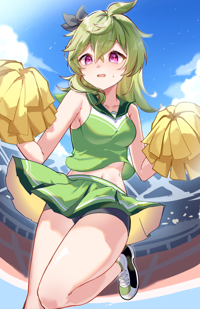 absurdres bike_shorts bike_shorts_under_skirt black_shorts blush breasts cheering cheerleader collei_(genshin_impact) crop_top female genshin_impact green_hair hair_between_eyes hair_ornament highres holding holding_pom_poms long_hair makaroni_(makaroni_kana) midriff navel open_mouth pleated_skirt pom_pom_(cheerleading) purple_eyes shorts shorts_under_skirt skirt