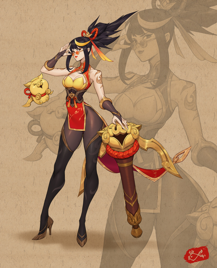 adjusting_eyewear alternate_hairstyle artist_logo bare_shoulders black_hair black_legwear breasts bridal_gauntlets china_dress chinese_clothes citemer cleavage closed_mouth commentary crossbow dress english_commentary eyebrows female firecracker_vayne full_body gold_trim hair_ornament hair_ribbon high_heels highres league_of_legends legs_apart looking_at_viewer looking_over_eyewear medium_breasts official_alternate_costume orange-tinted_eyewear pantyhose pig red_lips ribbon shadow sidelocks solo standing sunglasses thighhighs thighs tied_hair tinted_eyewear vayne_(league_of_legends) weapon wide_hips