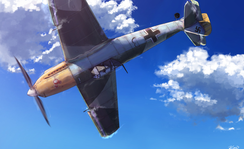 aircraft airplane balkenkreuz bf_109 blue_sky clip_studio_paint_(medium) cloud commentary_request cross day karo-chan military_vehicle morning motion_blur no_humans original outdoors propeller sky swastika vehicle_focus world_war_ii