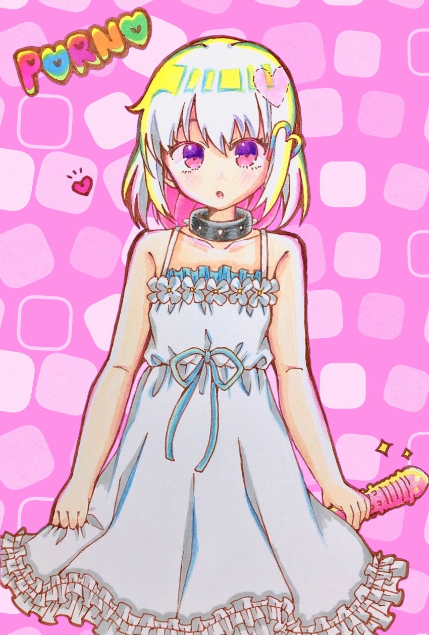 :o awayuki_(kokakoka_art) bare_shoulders blush character_name collar colored_inner_hair dildo dohna_dohna_issho_ni_warui_koto_o_shiyou dress female frilled_dress frills hair_ornament heart heart_hair_ornament highres holding holding_sex_toy looking_at_viewer multicolored_hair open_mouth pink_background pink_eyes pink_hair porno_(dohna_dohna) sex_toy short_hair sleeveless sleeveless_dress solo sparkle spiked_collar spikes straight-on two-tone_hair upper_body white_dress white_hair