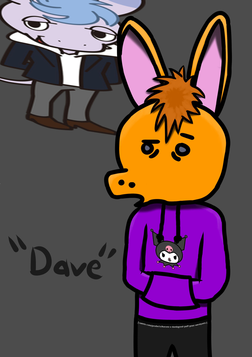 absurd_res aggretsuko anthro asinus blue_body blue_fur bottomwear brown_hair clothing dave_(ego-erik-182) donkey duo ego-erik-182 equid equine fur hair hi_res hoodie kuromi male mammal onegai_my_melody orange_body orange_fur pants sanrio sweatpants tadano_(aggretsuko) topwear