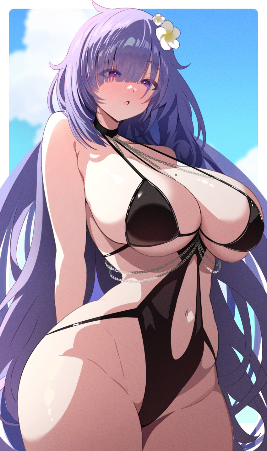 :o arms_behind_back azur_lane bare_shoulders blush breasts chains cleavage cowboy_shot female flower hair_flower hair_ornament hair_over_one_eye highres large_breasts long_hair mogador_(azur_lane) mogador_(locker_room_lechery)_(azur_lane) mole mole_on_breast navel ni_tamago_sando official_alternate_costume one-piece_swimsuit purple_eyes purple_hair sideboob standing swimsuit underboob very_long_hair white_flower