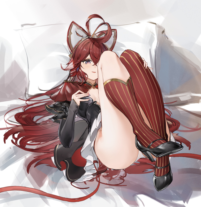 absurdres asymmetrical_legwear azur_lane black_footwear crossed_bangs female flantia fleuret_(azur_lane) grey_eyes hair_spread_out high_heels highres knees_up long_hair long_sleeves looking_at_viewer lying on_back panties red_hair red_socks single_sock single_thighhigh socks solo striped_clothes striped_socks striped_thighhighs thighhighs underwear vertical-striped_clothes vertical-striped_socks vertical-striped_thighhighs very_long_hair white_panties