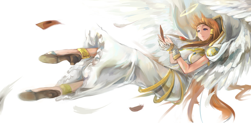 angel angel_wings blue_eyes bracelet brown_hair card commentary_request dress duel_monster female gloves hair_tubes halo headdress high_heels highres jewelry long_hair minerva_lightsworn_maiden minerva_the_exalted_lightsworn sidelocks solo white_dress white_gloves white_wings wings yinzhang yu-gi-oh!