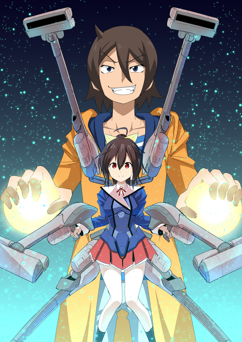 1boy blue_eyes brown_hair commentary_request crossover female frame_arms_girl gennai_ao grin gundam gundam_build_fighters gundam_build_fighters_try highres i.takashi knees_together_feet_apart mecha_musume mini_person minigirl neck_ribbon pleated_skirt ponytail red_eyes ribbon sakai_minato school_uniform skirt smile vacuum_cleaner