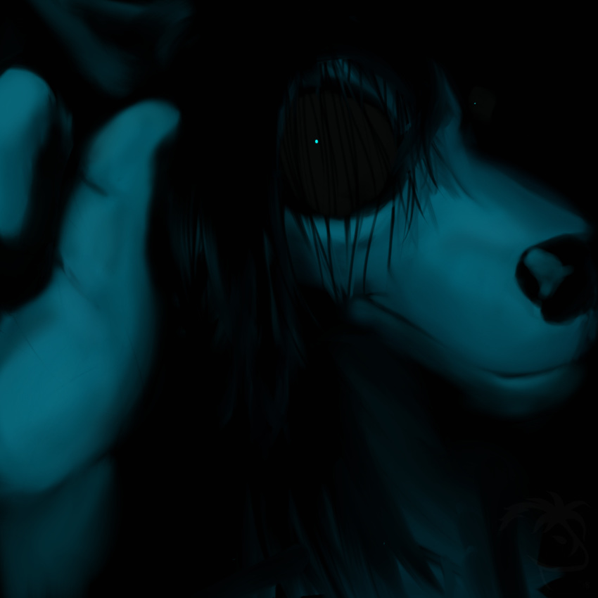 1:1 2018 anthro black_and_blue black_background black_hair black_sclera blue_theme caedere canid canine canis carol_(hladilnik) dark domestic_dog female ghost hair looking_at_viewer mammal monochrome nightmare_fuel simple_background solo spirit