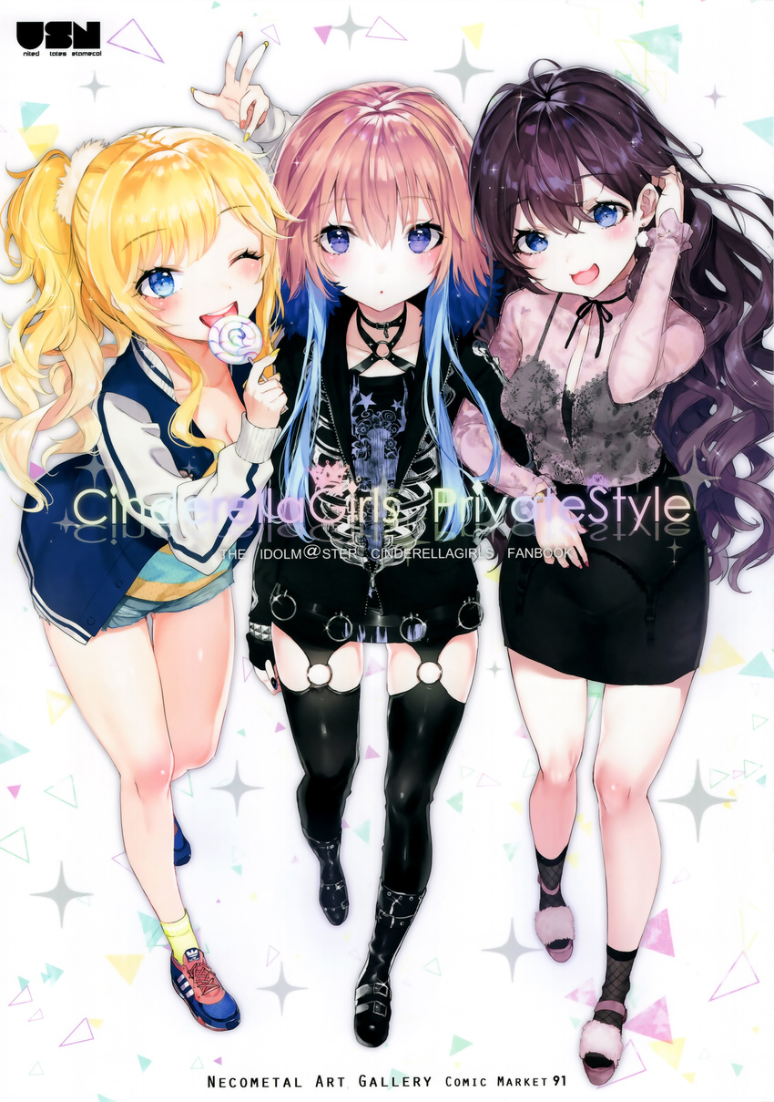 3girls :3 :d :o absurdres adidas ahoge animal_print ankle_socks arm_above_head arm_up artist_name ass_visible_through_thighs bare_legs belt belt_boots black_choker black_footwear black_jacket black_ribbon black_skirt black_socks black_thighhighs blonde_hair blouse blue_eyes blue_hair blue_jacket blush boots brand_name_imitation breasts brown_hair buckle butterfly_print buttons camisole candy choker cleavage collarbone comiket comiket_91 commentary_request copyright_name cover cover_page criss-cross_halter cross cross_print curly_hair cutoffs denim denim_shorts doujin_cover earrings eating english_text eyelashes eyes_visible_through_hair fingernails fishnets food frilled_shirt frilled_sleeves frills from_above full_body fur-trimmed_jacket fur_trim garter_belt girl_sandwich glint hair_between_eyes hair_intakes hair_ornament hair_scrunchie halterneck hand_in_pocket harness high-waist_skirt high_ponytail highres holding holding_food hood hooded_jacket ichinose_shiki idolmaster idolmaster_cinderella_girls jacket jewelry knee_boots lace lace-trimmed_garter_belt lace_trim leaning_forward leather leather_boots legs letterman_jacket licking light_brown_hair locked_arms lollipop long_fingernails long_hair long_sleeves looking_at_viewer looking_up medium_breasts multicolored_footwear multicolored_hair multicolored_nails multiple_girls nail_polish nekometaru ninomiya_asuka no_pants o-ring o-ring_belt o-ring_legwear ohtsuki_yui one_eye_closed open_clothes open_jacket open_mouth open_shirt patterned_background pencil_skirt photoshop_(medium) pink_shirt platform_footwear platform_heels pocket pom_pom_(clothes) pom_pom_earrings ponytail purple_eyes rainbow_text raised_eyebrows ribbon ribbon_choker sandwiched scan scrunchie see-through sharp_fingernails shiny_clothes shiny_skin shirt shoes short_hair_with_long_locks short_shorts shorts sidelocks simple_background skeleton_print skindentation skirt sleeveless small_breasts smile sneakers socks spaghetti_strap sparkle standing star_(symbol) star_print streaked_hair striped_clothes striped_jacket studded_bracelet swept_bangs swirl_lollipop taut_clothes taut_shorts taut_skirt teeth thighhighs thighs toeless_footwear tongue tongue_out triangle tucking_hair two-tone_hair unbuttoned unzipped very_long_hair w walking watch wristwatch yellow_legwear zipper