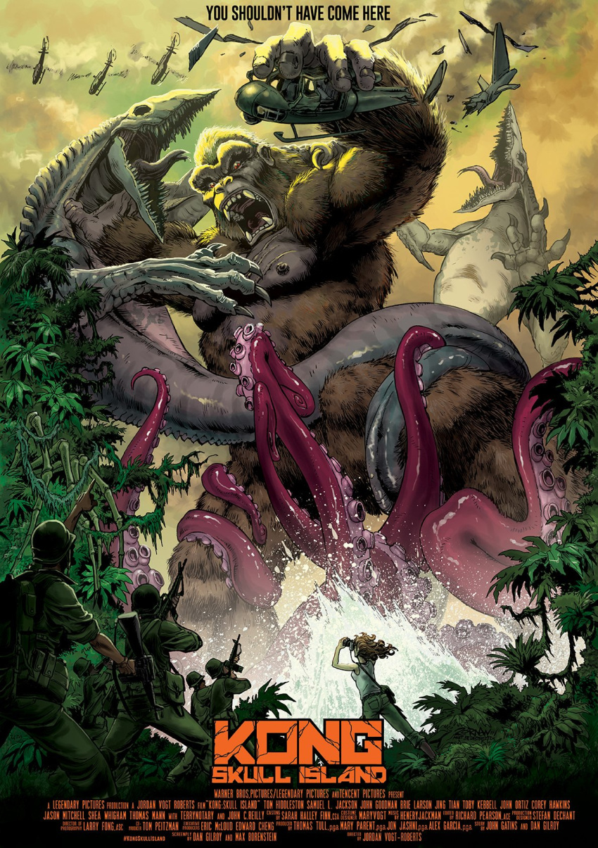 5boys ape blonde_hair female fighting giant_monster godzilla_(series) gorilla gun jeff_zornow jungle kaijuu king_kong king_kong_(series) kong:_skull_island legendary_pictures mason_weaver military military_uniform military_vehicle mire_squid monster monsterverse movie_poster multiple_boys nature octopus skullcrawler tentacle trees uniform water weapon