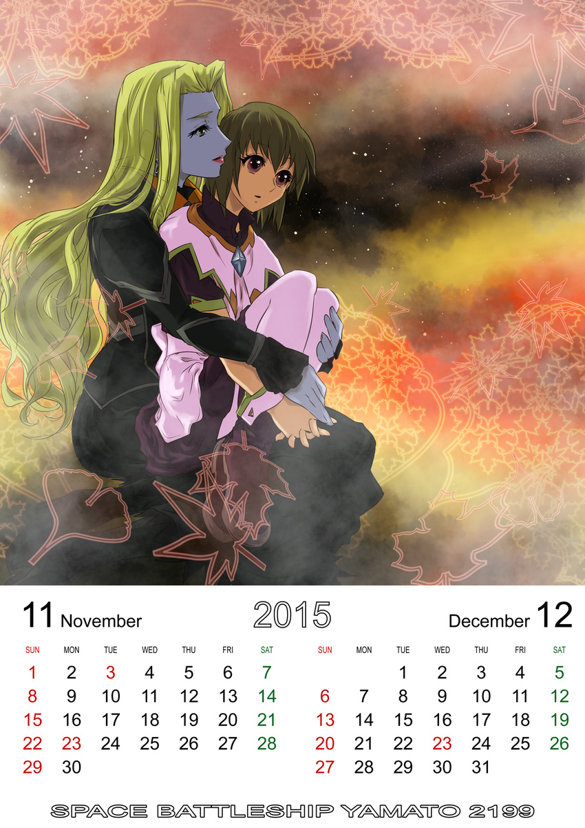 2015 2girls :o age_difference bad_id bad_pixiv_id blonde_hair blue_skin calendar_(medium) colored_skin elisa_domel green_eyes highres hilde_schultz lipstick long_hair makeup multiple_girls photoshop_(medium) purple_eyes short_hair supe_(yuusyasupepen) uchuu_senkan_yamato uchuu_senkan_yamato_2199 wrist_cuffs