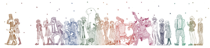 6+boys 6+girls alphonse_dalston angela_ledore anthony_herzen arianna_barde bad_id bad_pixiv_id barton brenda_triton bronev_reinel claire_(layton) clark_triton dimitri_allen don_paolo flora_reinhold future_luke hershel_layton highres inspector_chelmey inspector_grosky jean_descole katia_anderson leonard_bloom luke_triton multiple_boys multiple_girls professor_layton professor_layton_and_the_unwound_future puzzlette rainbow_order randall_ascot remi_altava sophia_(professor_layton) star_(symbol) wide_image yuzudaze