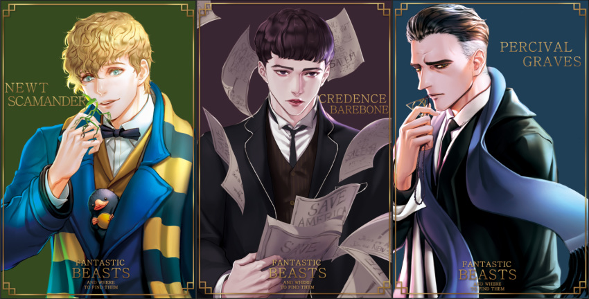 3boys black_hair bow bowtie bowtruckle brown_hair character_name coin commentary_request copyright_name credence_barebone fantastic_beasts_and_where_to_find_them green_eyes highres hufflepuff leaf male_focus multicolored_hair multiple_boys necktie newt_scamander niffler orange_eyes percival_graves photoshop_(medium) scarf shed1228 short_hair two-tone_hair white_hair wizarding_world