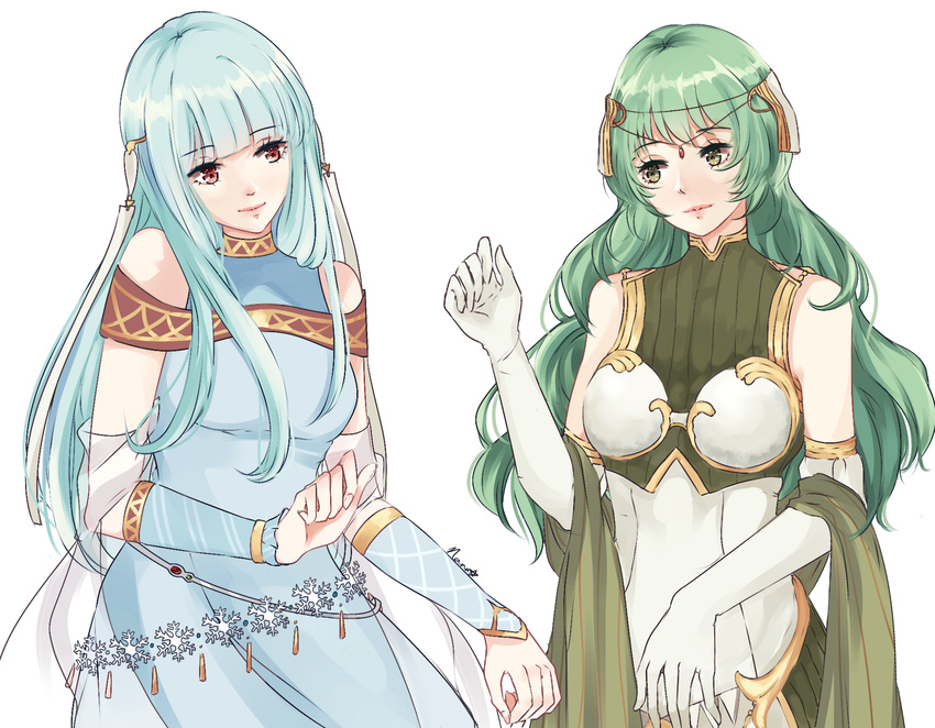 2girls aqua_hair arm_warmers armor bare_shoulders bikini_armor breastplate breasts commentary dress elbow_gloves fire_emblem fire_emblem:_the_blazing_blade fire_emblem_echoes:_shadows_of_valentia fire_emblem_heroes gloves green_eyes green_hair hair_ornament head_tilt highres long_hair looking_at_another medium_breasts multiple_girls nana_(mizukas) ninian_(fire_emblem) red_eyes ribbed_dress sash signature simple_background sleeveless sleeveless_dress smile tatiana_(fire_emblem) upper_body white_background white_gloves