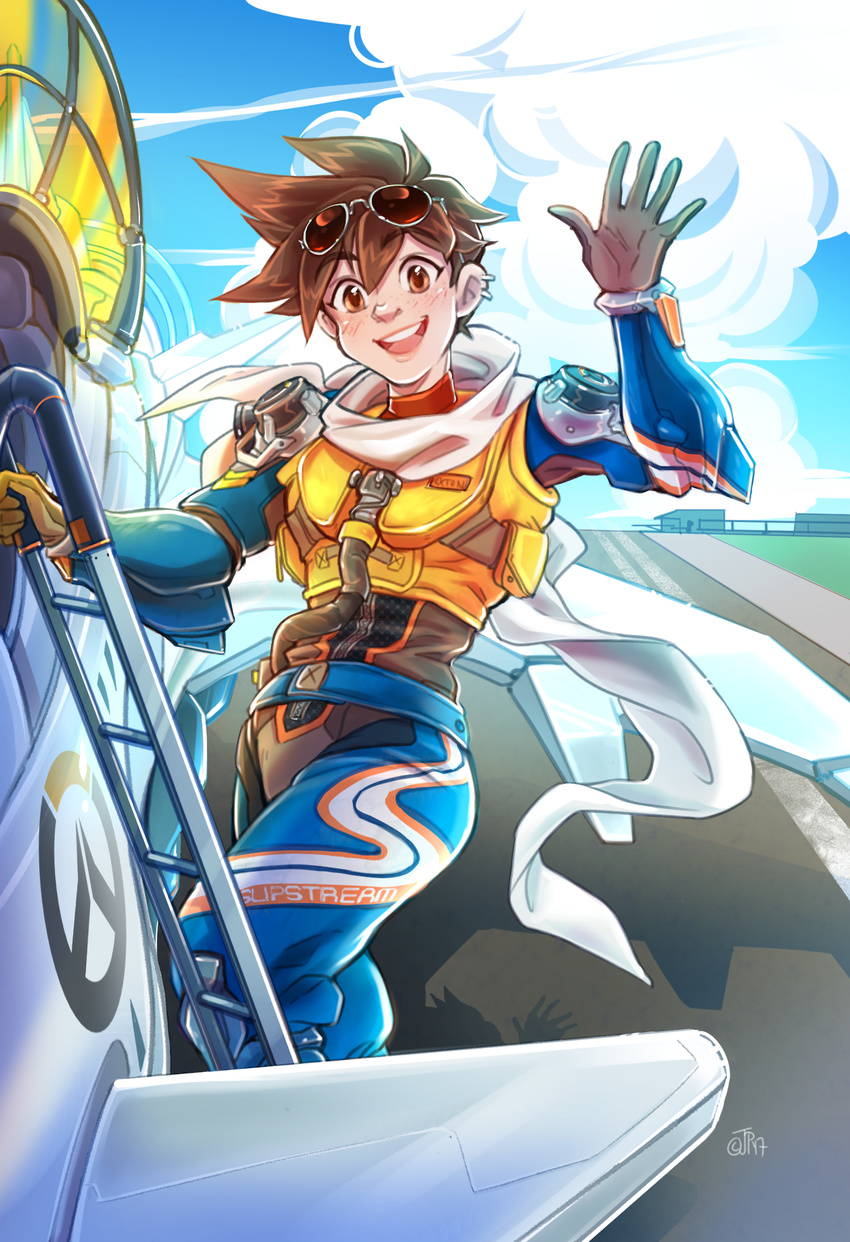 aircraft airplane alternate_costume blush body_armor brown_hair ddhew earrings eyebrows_visible_through_hair female fighter_jet freckles gloves highres jet jewelry ladder looking_at_viewer military military_vehicle overwatch scarf short_hair slipstream_tracer smile solo spiked_hair sunglasses sunglasses_on_head tracer_(overwatch) waving