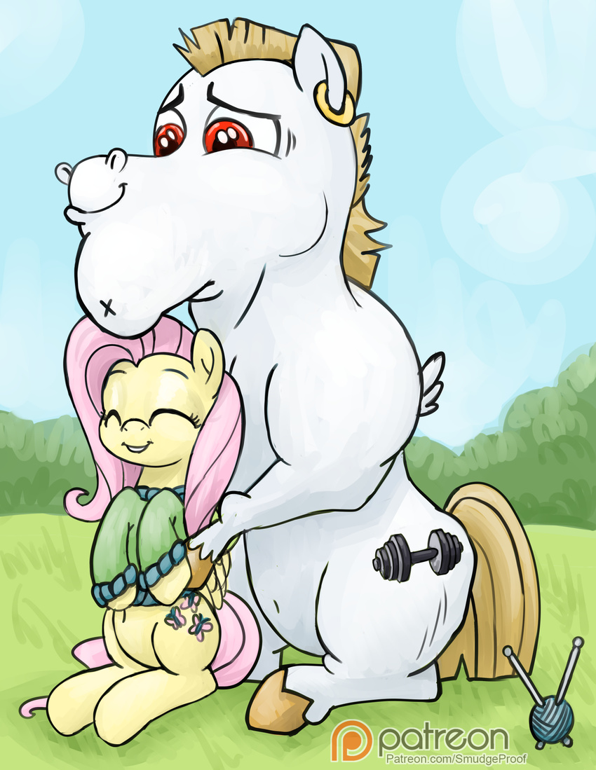 bulk_biceps_(mlp) clothing cloud digital_media_(artwork) duo ear_piercing equid equine feathered_wings feathers female feral fluttershy_(mlp) friendship_is_magic hasbro hi_res knitting larger_male male mammal my_little_pony mythological_creature mythological_equine mythology outside patreon patreon_logo pegasus piercing sitting size_difference sky smaller_female smudge_proof sweater text topwear url website_logo white_body white_feathers wings yellow_body yellow_feathers