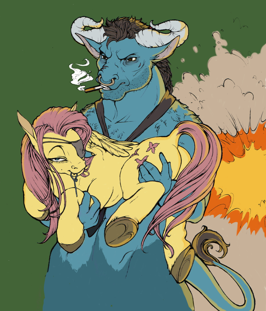 2013 absurd_res anthro ass bedroom_eyes bovid bovine cigarette cutie_mark duo ear_piercing equid equine european_mythology explosion eye_patch eyewear facial_piercing feathered_wings feathers female feral fillyphalanx fluttershy_(mlp) friendship_is_magic fur greek_mythology grenade_pin hair half-closed_eyes hasbro hi_res horn iron_will_(mlp) male mammal minotaur my_little_pony mythological_creature mythological_equine mythology narrowed_eyes naughty_face nose_piercing nose_ring pegasus piercing pink_hair ring_piercing scar seductive septum_piercing smoking stubble teeth wings yellow_body yellow_feathers yellow_fur