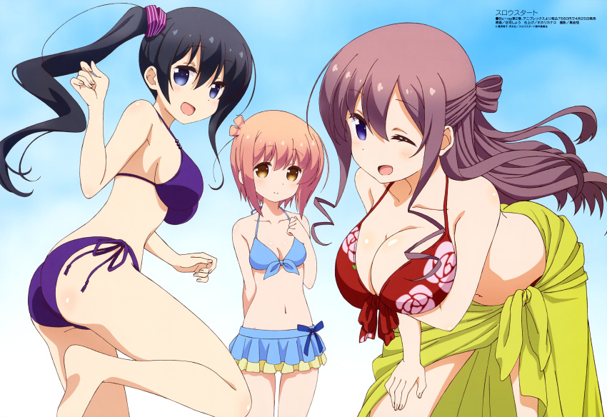 3girls absurdres arm_up ass bikini bikini_top_only black_hair blue_eyes breast_hold breasts brown_hair cleavage hair_ribbon hannen_hiroe highres ichinose_hana kyouzuka_shion large_breasts long_hair medium_breasts megami_magazine multiple_girls navel official_art one_eye_closed open_mouth orange_eyes purple_background purple_eyes red_bikini ribbon sarong scan shouji_shou simple_background slow_start small_breasts smile swimsuit