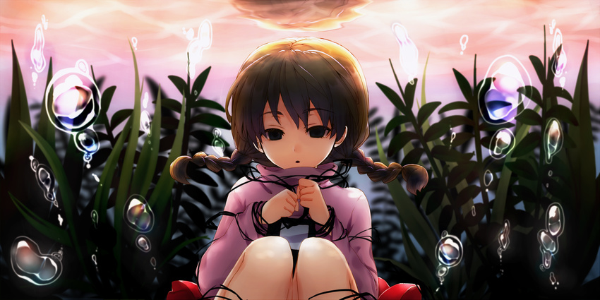 air_bubble asphyxiation bondage bondage bound bound_legs bound_wrists braid brown_hair bubble commentary_request corpse death drowning empty_eyes female highres ichinose_natsuki madotsuki parted_lips pink_shirt shirt sitting solo submerged sweater twin_braids underwater water yume_nikki