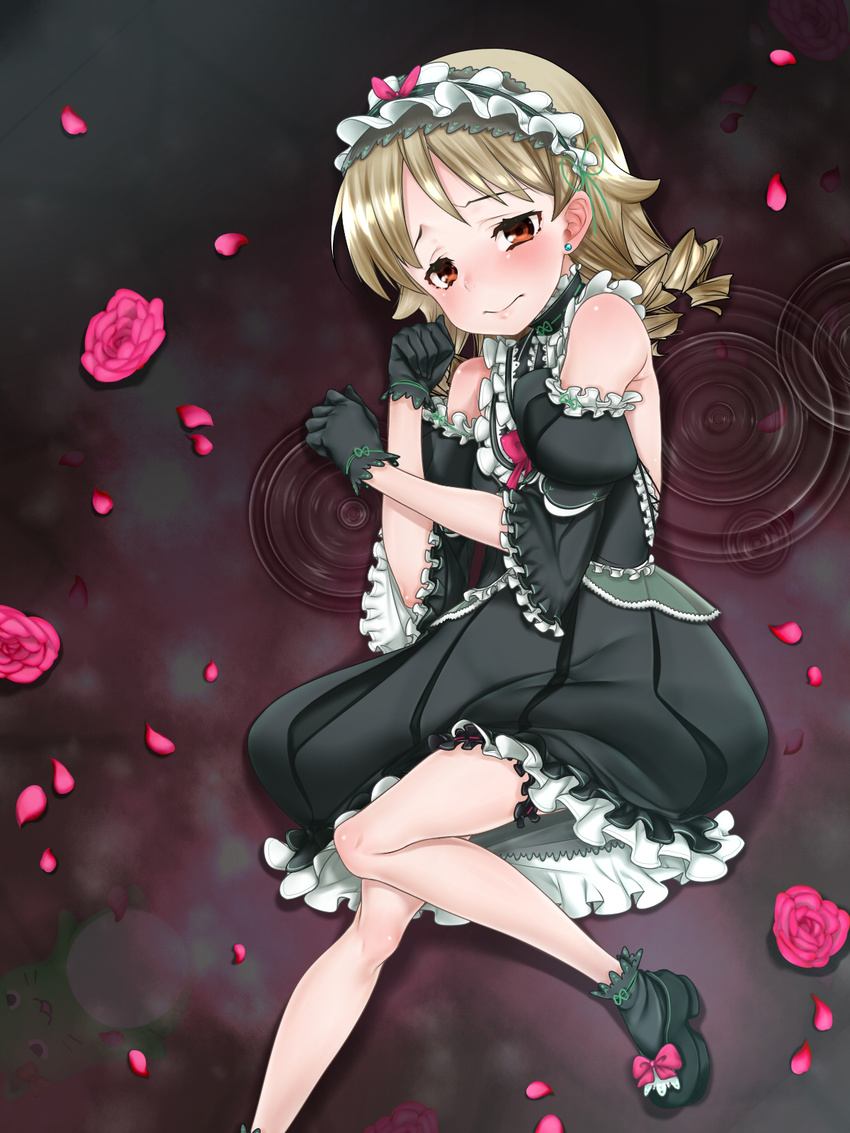 bare_shoulders blonde_hair blush brown_eyes commentary_request dress drill_hair female flower frills gloves gothic_lolita hidekichi_(09075470338) highres idolmaster idolmaster_cinderella_girls lolita_fashion morikubo_nono ripples rose solo