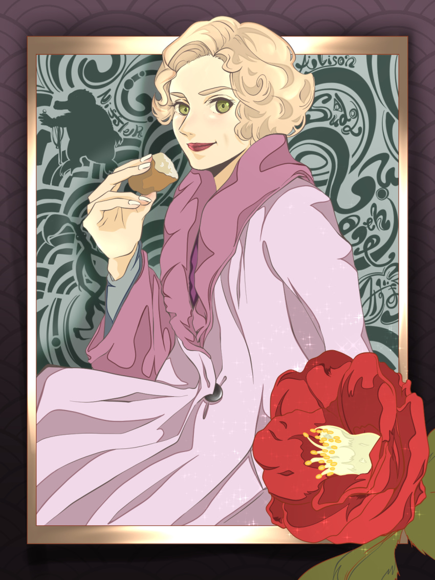 blonde_hair camellia coat commentary_request curly_hair eating fantastic_beasts_and_where_to_find_them female flower green_eyes highres jewelry leaf mmasaki necklace niffler queenie_goldstein ring short_hair solo sparkle wizarding_world