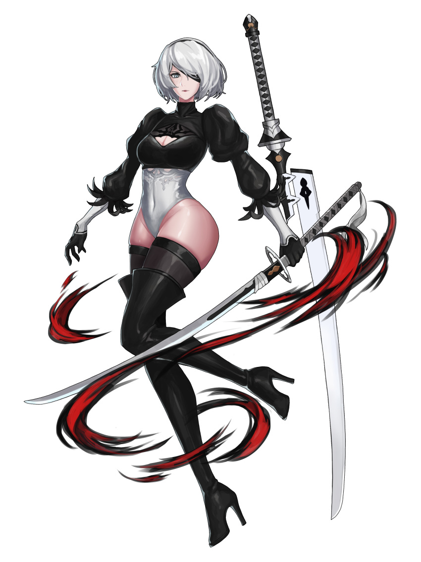 2b_(nier:automata) absurdres black_blindfold blindfold blindfold_slip boots breasts cleavage cleavage_cutout clothing_cutout commentary english_commentary eyepatch feather-trimmed_sleeves female hella_p high_heel_boots high_heels highres juliet_sleeves leotard long_sleeves looking_at_viewer nier:automata nier_(series) one_eye_covered photoshop_(medium) puffy_sleeves short_hair simple_background skindentation solo sword thigh_boots thighhighs thighs variant_set virtuous_contract virtuous_treaty weapon weapon_on_back white_background white_hair