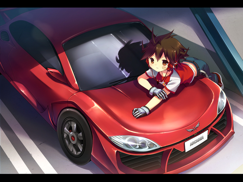 1boy :3 ahoge bad_id bad_pixiv_id bandaid blush brown_eyes brown_hair car chousoku_henkei_gyrozetter commentary_request letterboxed male_focus midriff motor_vehicle noble_m600 sakura_puchirou smile solo todoroki_kakeru vehicle_focus