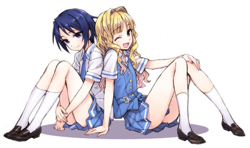 2girls ;d back-to-back blonde_hair blue_eyes blue_hair commentary_request cross_channel hair_intakes loafers long_hair looking_at_viewer matsuryuu multiple_girls necktie one_eye_closed open_mouth photoshop_(medium) sakura_kiri school_uniform shoes short_hair short_sleeves sitting smile socks white_legwear yamanobe_miki yellow_eyes