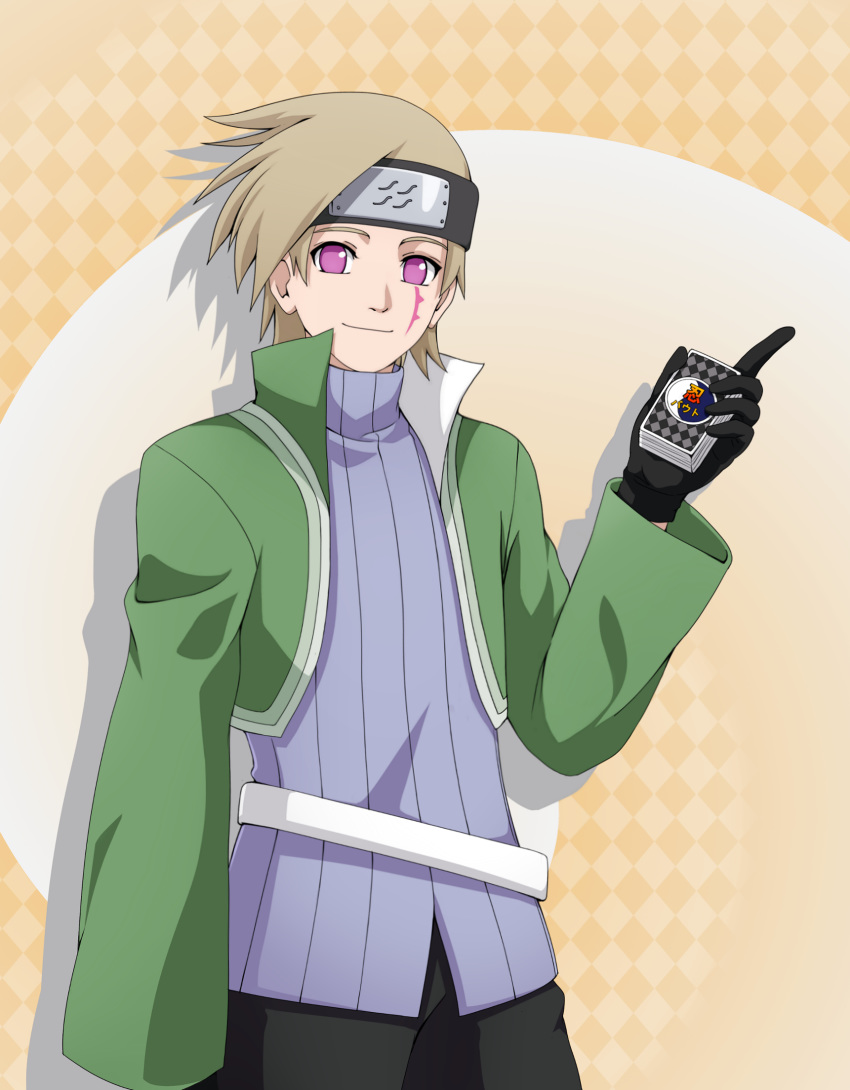 1boy black_gloves boruto:_naruto_next_generations commentary_request cropped_jacket forehead_protector gloves highres karatachi_kagura light_brown_hair looking_at_viewer male_focus moon-realm naruto_(series) pink_eyes ribbed_sweater smile solo sweater turtleneck turtleneck_sweater