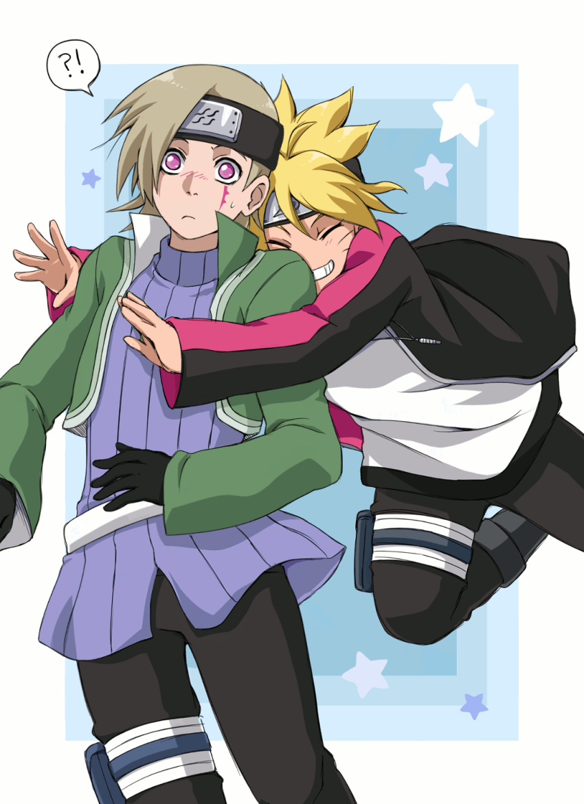 !? 2boys blonde_hair blush boruto:_naruto_next_generations commentary_request forehead_protector highres hug hug_from_behind karatachi_kagura male_focus moon-realm multiple_boys naruto_(series) surprised uzumaki_boruto