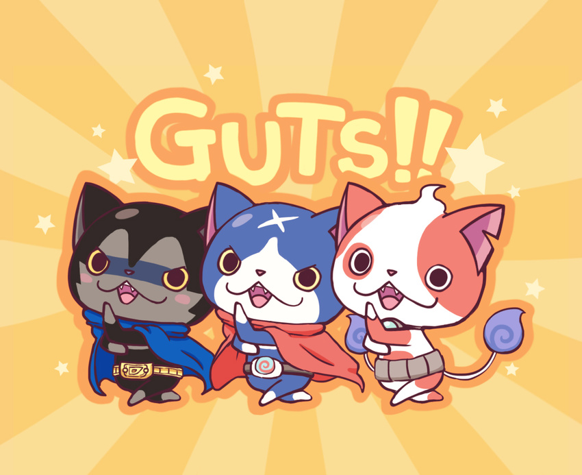 blue_cape blush_stickers buchinyan cape chuno commentary_request darknyan fangs feline fuyunyan multiple_tails no_humans notched_ear open_mouth photoshop_(medium) red_cape scar star_(symbol) tail two_tails youkai_(youkai_watch) youkai_watch youkai_watch_2