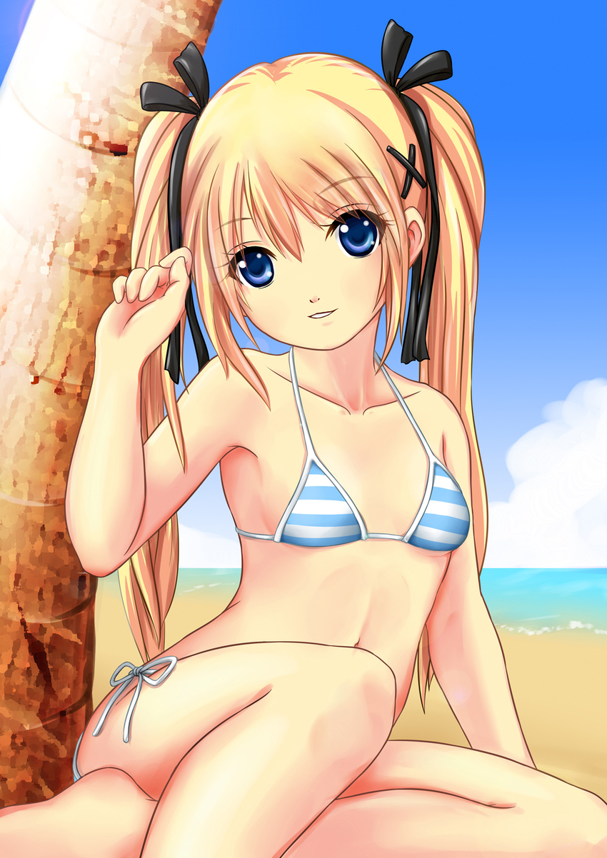 arm_up barefoot beach bikini black_ribbon blonde_hair blue_eyes breasts cloud collarbone convenient_leg crossed_legs day dead_or_alive hair_ornament hair_ribbon hairclip highres iori1112 lolicon long_hair marie_rose navel ocean outdoors ribbon side-tie_bikini sitting sky small_breasts smile solo striped striped_bikini swimsuit tree twintails very_long_hair younger