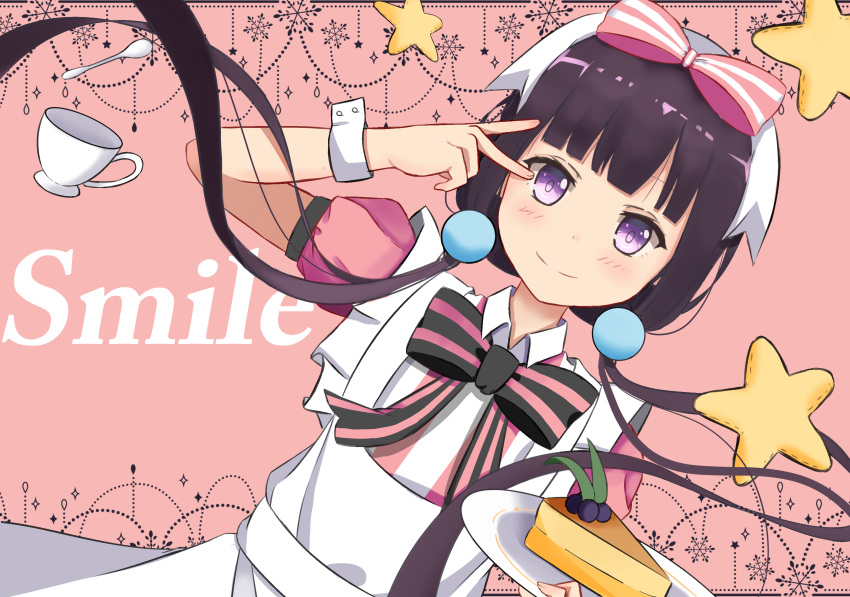 absurdres bad_id bad_pixiv_id black_hair blend_s bon_appetit_s cake commentary cup english_commentary female food highres long_hair purple_eyes sakuranomiya_maika sasatabekung self-upload solo spoon teacup