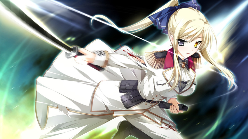 ensemble female game_cg hair_ribbon heterochromia highres kimishima_ao otome_ga_tsumugu_koi_no_canvas ribbon shishidou_chiharu sword uniform weapon