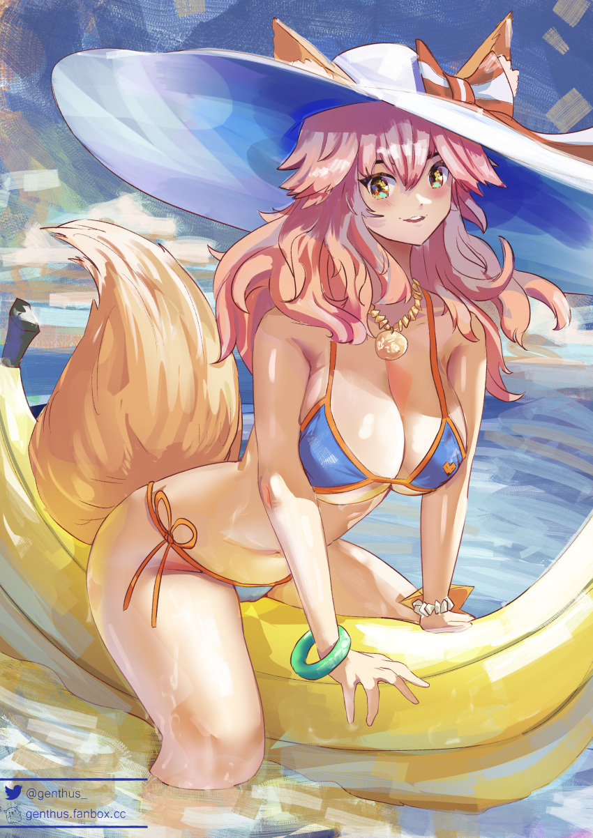 absurdres animal_ear_fluff animal_ears banana_boat bikini blue_bikini breasts cleavage collarbone ears_through_headwear fate/grand_order fate_(series) female fox_ears fox_girl fox_tail genthus hat hat_ribbon highres large_breasts long_hair looking_at_viewer ocean open_mouth outdoors partially_submerged pink_hair ribbon side-tie_bikini_bottom solo sun_hat swimsuit tail tamamo_(fate) tamamo_no_mae_(swimsuit_lancer)_(fate) tamamo_no_mae_(swimsuit_lancer)_(third_ascension)_(fate)