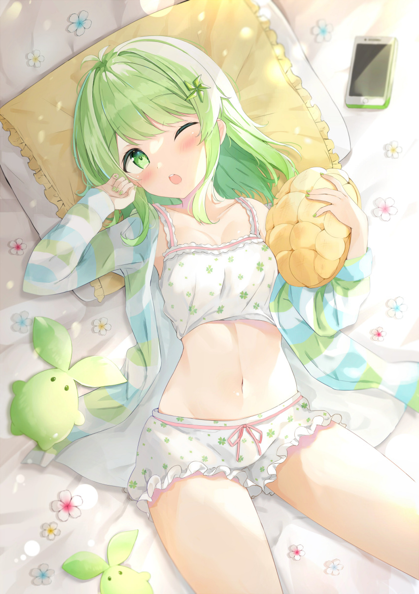 ;o absurdres arm_up bare_shoulders bow_shorts breasts cellphone crop_top female frilled_shorts frills green_eyes green_hair hanakusa_fushigi highres indie_virtual_youtuber jacket looking_at_viewer lying medium_breasts medium_hair midriff navel off_shoulder on_back on_bed one_eye_closed open_clothes open_jacket open_mouth phone pillow saeki_sora shirt short_shorts shorts sleeveless sleeveless_shirt smartphone solo stomach striped_clothes striped_jacket thighs virtual_youtuber white_shirt white_shorts