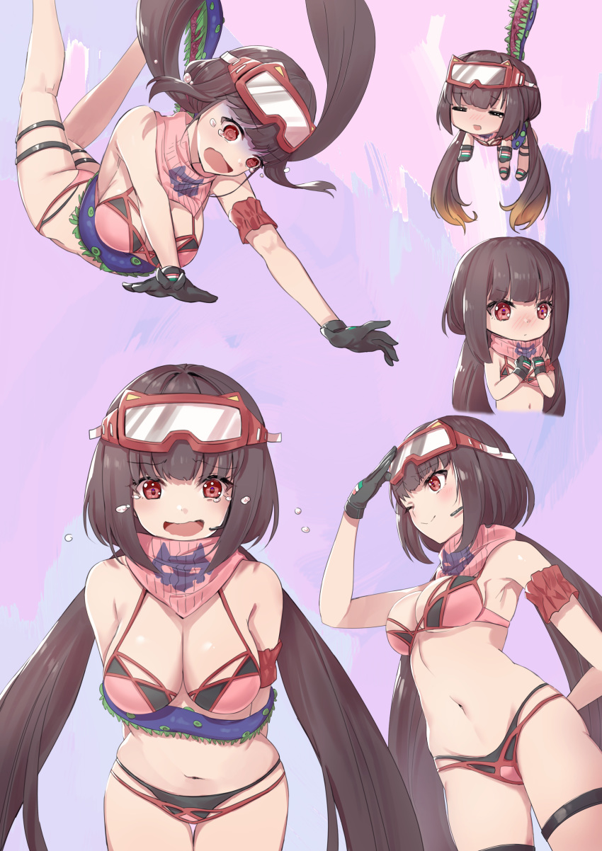 absurdres bare_shoulders bikini blush breasts brown_hair chibi cleavage crying fate/grand_order fate_(series) female goggles goggles_on_head gradient_hair hane_yuki hanging highres large_breasts long_hair looking_at_viewer multicolored_hair multiple_views navel open_mouth osakabehime_(fate) osakabehime_(swimsuit_archer)_(fate) osakabehime_(swimsuit_archer)_(second_ascension)_(fate) pink_bikini pink_scarf purple_eyes scarf ski_goggles smile swimsuit tears tentacle thighs twintails very_long_hair