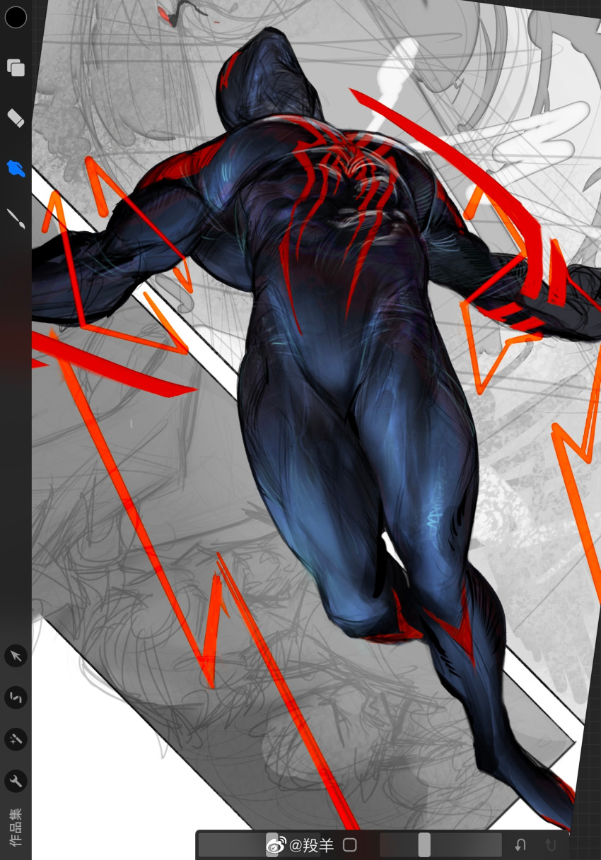 1boy animal_print arm_blade bara blue_bodysuit bodysuit bulge highres large_pectorals male_focus marvel muscular muscular_male outstretched_arms pectorals print_bodysuit red_bodysuit skin_tight solo spider-man:_across_the_spider-verse spider-man_(2099) spider-man_(series) spider-verse spider_print spread_arms thick_thighs thighs turning_head two-tone_bodysuit unfinished weapon xkov_(cerberuskeeper)