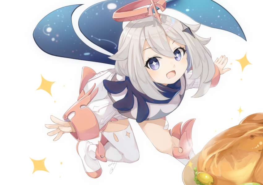 +_+ :d black_scarf blue_eyes blush boots bright_pupils chicken_(food) commentary_request constellation dress drooling fairy female floating food full_body genshin_impact hair_between_eyes hair_ornament halo leaning_forward long_sleeves looking_at_viewer miri_(ago550421) mouth_drool open_mouth outstretched_arms paimon_(genshin_impact) romper scarf shadow short_hair sidelocks simple_background single_thighhigh smile solo sparkle steam sweet_madame_(genshin_impact) thighhighs thighhighs_under_boots white_background white_dress white_footwear white_hair white_romper white_thighhighs