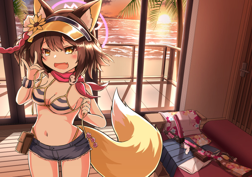 animal_ears bikini bikini_top_only blue_archive blush breasts brown_hair cleavage commentary_request couch cover cover_page cowboy_shot doujin_cover female flower fox_ears fox_girl fox_tail glass_door grey_shorts gun hat hat_flower highres holding holding_clothes holding_swimsuit indoors izuna_(blue_archive) izuna_(swimsuit)_(blue_archive) karasuma_amiru looking_at_viewer medium_bangs medium_breasts medium_hair navel oerba_yun_fang open_mouth palm_tree pouch short_shorts shorts skin_fang sliding_doors smile solo striped_bikini striped_clothes sunset swimsuit tail tree visor_cap weapon window yellow_eyes yellow_flower yellow_hat