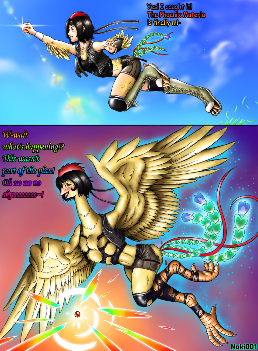 absurd_res ambiguous_gender avian_feet beak black_hair blue_sky blush bottomwear claws clothing cloud detailed_background feathers hair hi_no_tori hi_res human mammal mid_transformation noki001 open_mouth orb osamu_tezuka phoenix_(hi_no_tori) rainbow_colors shorts sky solo torn_clothing torn_shoes transformation wings yellow_body yellow_feathers yuffie_kisaragi