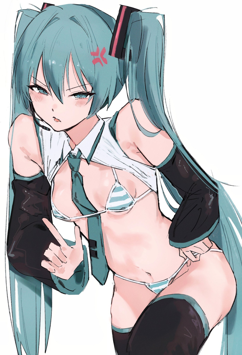 anger_vein annoyed ass bikini bikini_bottom_pull bikini_pull breasts clothes_pull commentary detached_sleeves female green_eyes green_hair hair_ornament hatsune_miku highres index_finger_raised leaning_forward light_blush long_hair meme_attire micro_bikini microphone miku_collar_bikini moku_(muooku) navel necktie simple_background small_breasts solo striped_bikini striped_clothes swimsuit thighhighs very_long_hair vocaloid white_background